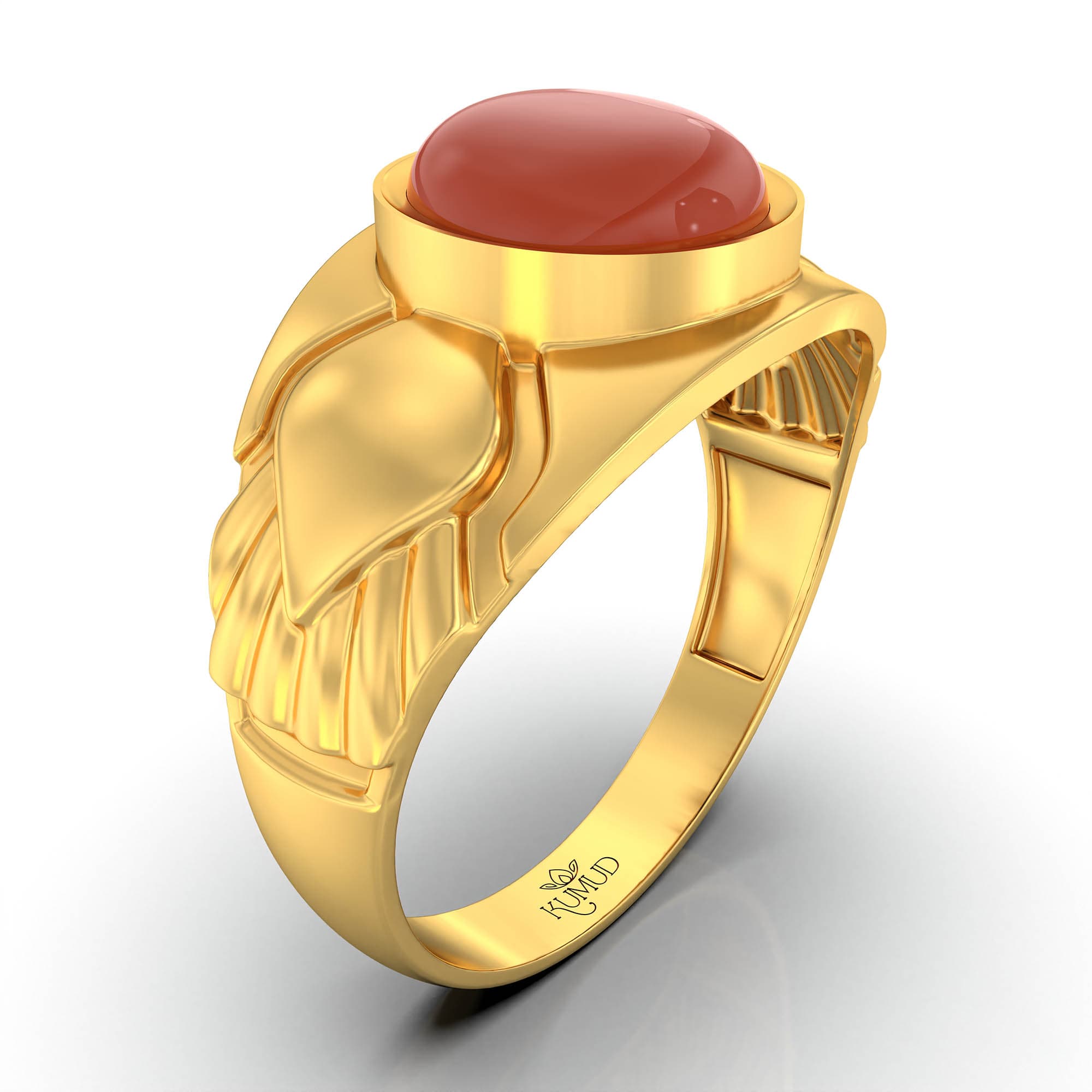Red Coral (Moonga) Ring for Men in 22K Yellow Gold – Oval Cabochon 9x8 mm, Bezel Setting, 4 g (Design KF-17)