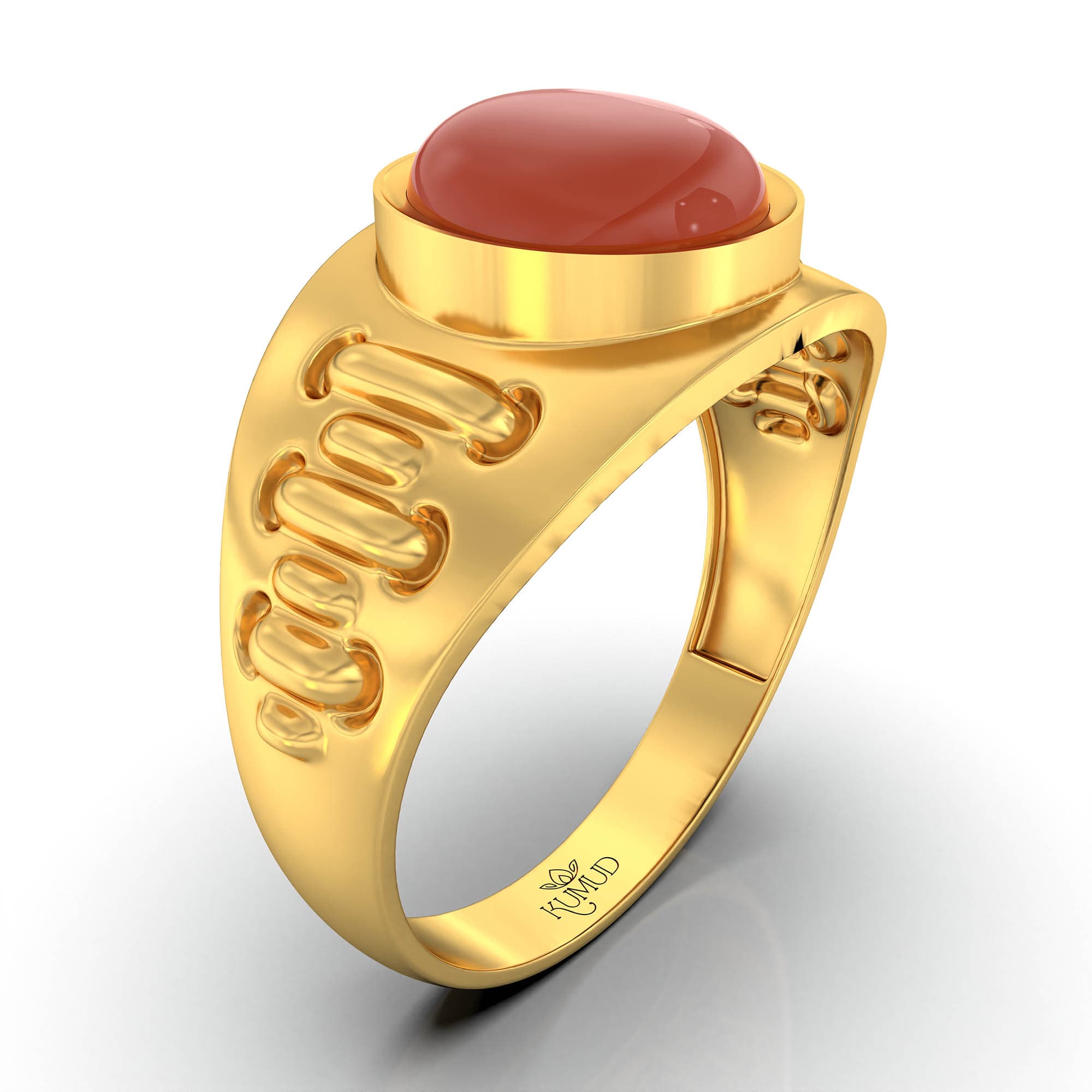 Red Coral (Moonga) Ring for Men in 22K Yellow Gold – Oval Cabochon 9x8 mm, Bezel Setting, 4 g (Design KF-18)