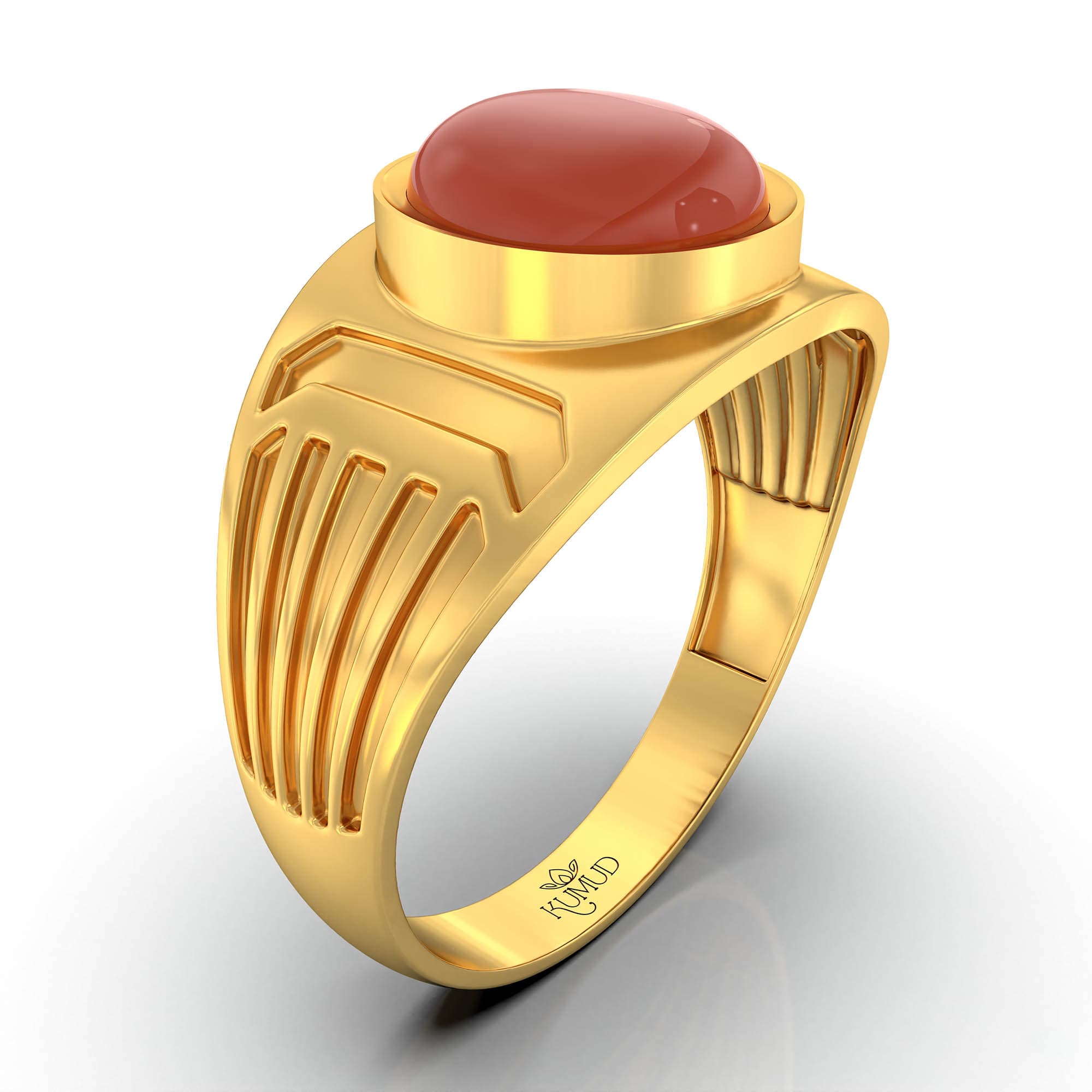 Red Coral (Moonga) Ring for Men in 22K Yellow Gold – Oval Cabochon 9x8 mm, Bezel Setting, 4 g (Design KF-19)