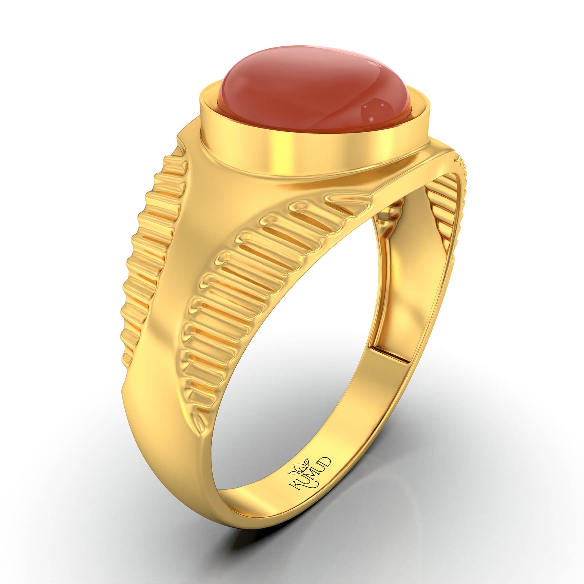 Red Coral (Moonga) Ring for Men in 22K Yellow Gold – Oval Cabochon 9x8 mm, Bezel Setting, 4 g (Design KF-20)