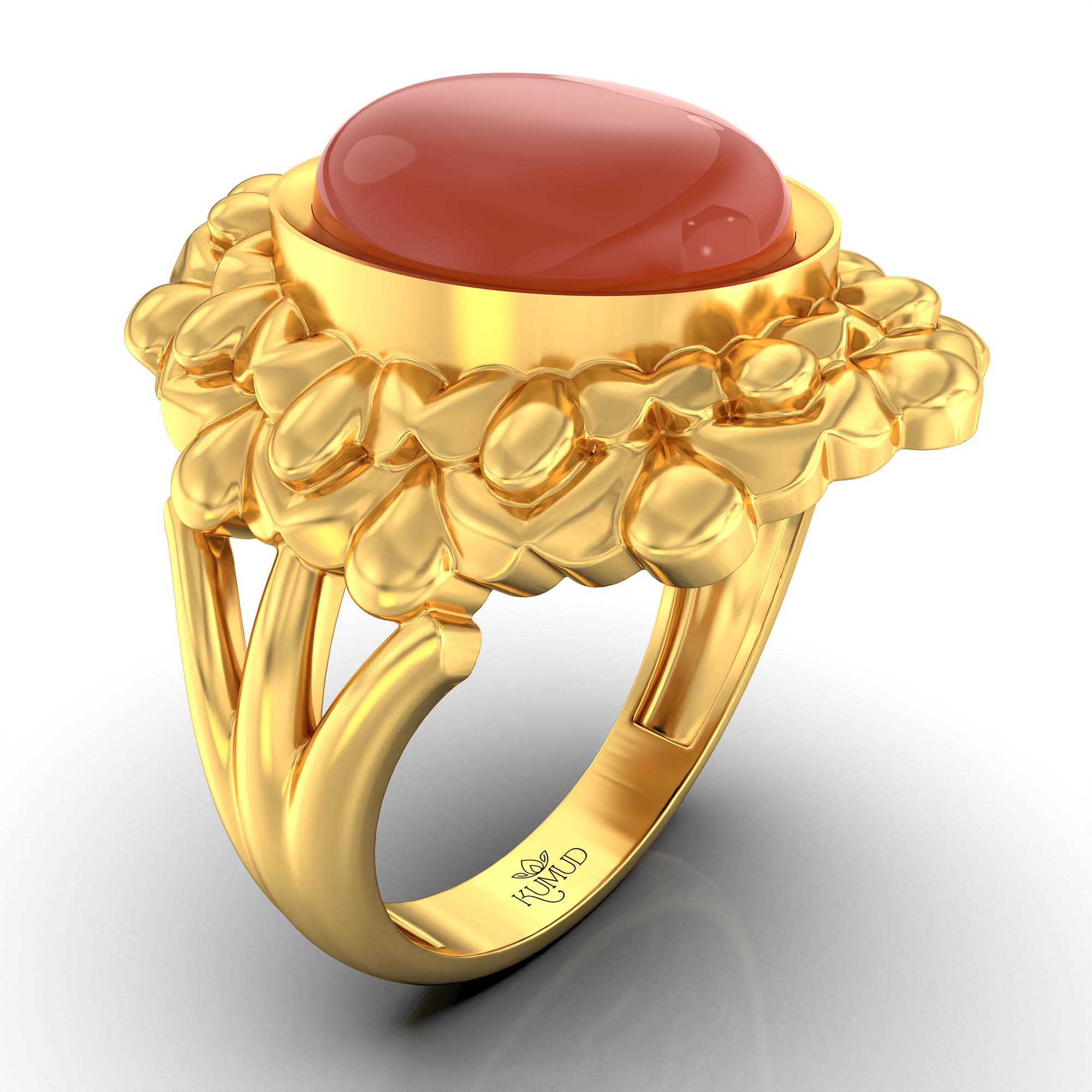 Red Coral (Moonga) Antique Ring for Women in 22K Yellow Gold – Oval Cabochon 11x9 mm, Bezel Setting, 6 g (Design KA-18)