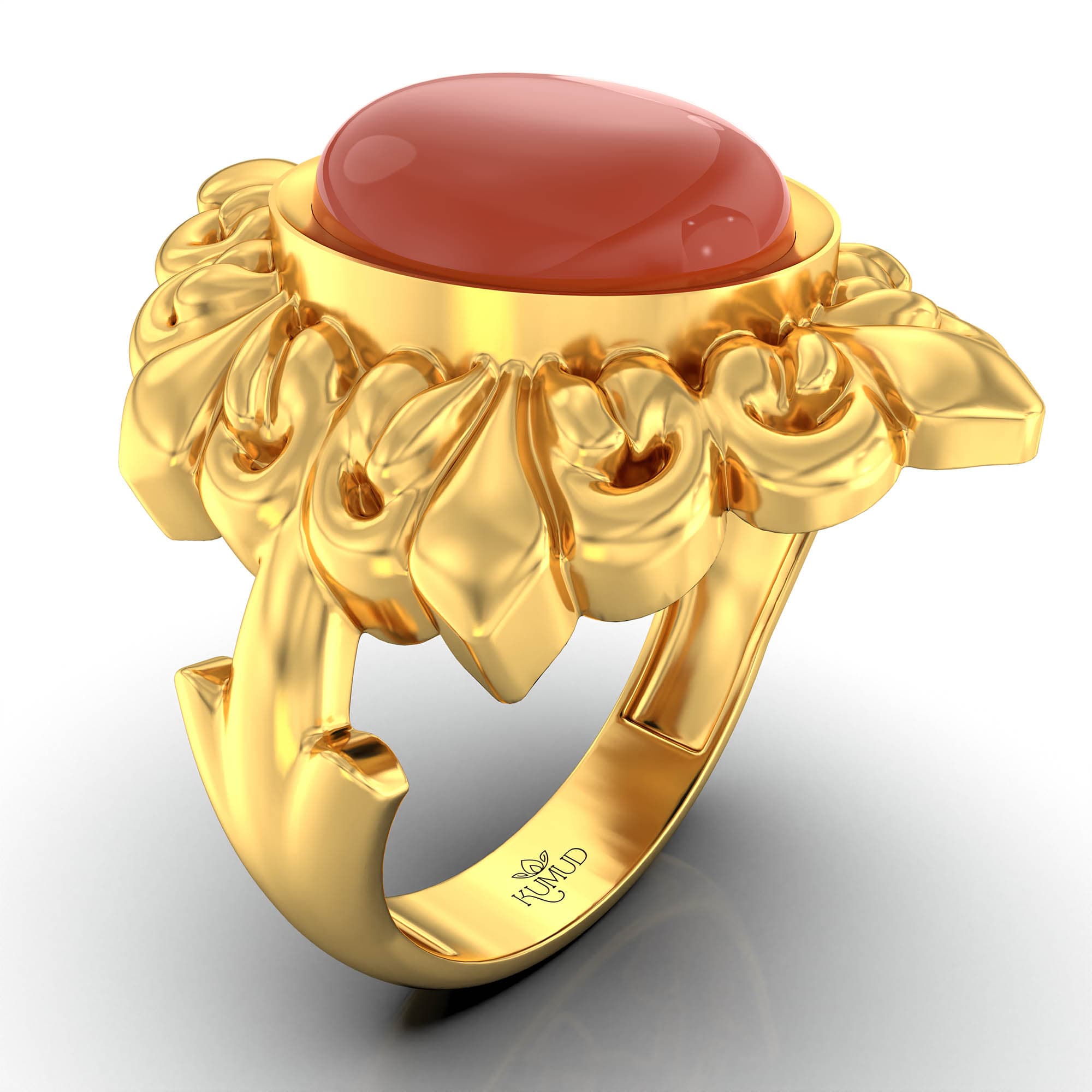 Red Coral (Moonga) Antique Ring for Women in 22K Yellow Gold – Oval Cabochon 11x9 mm, Bezel Setting, 6 g (Design KA-19)