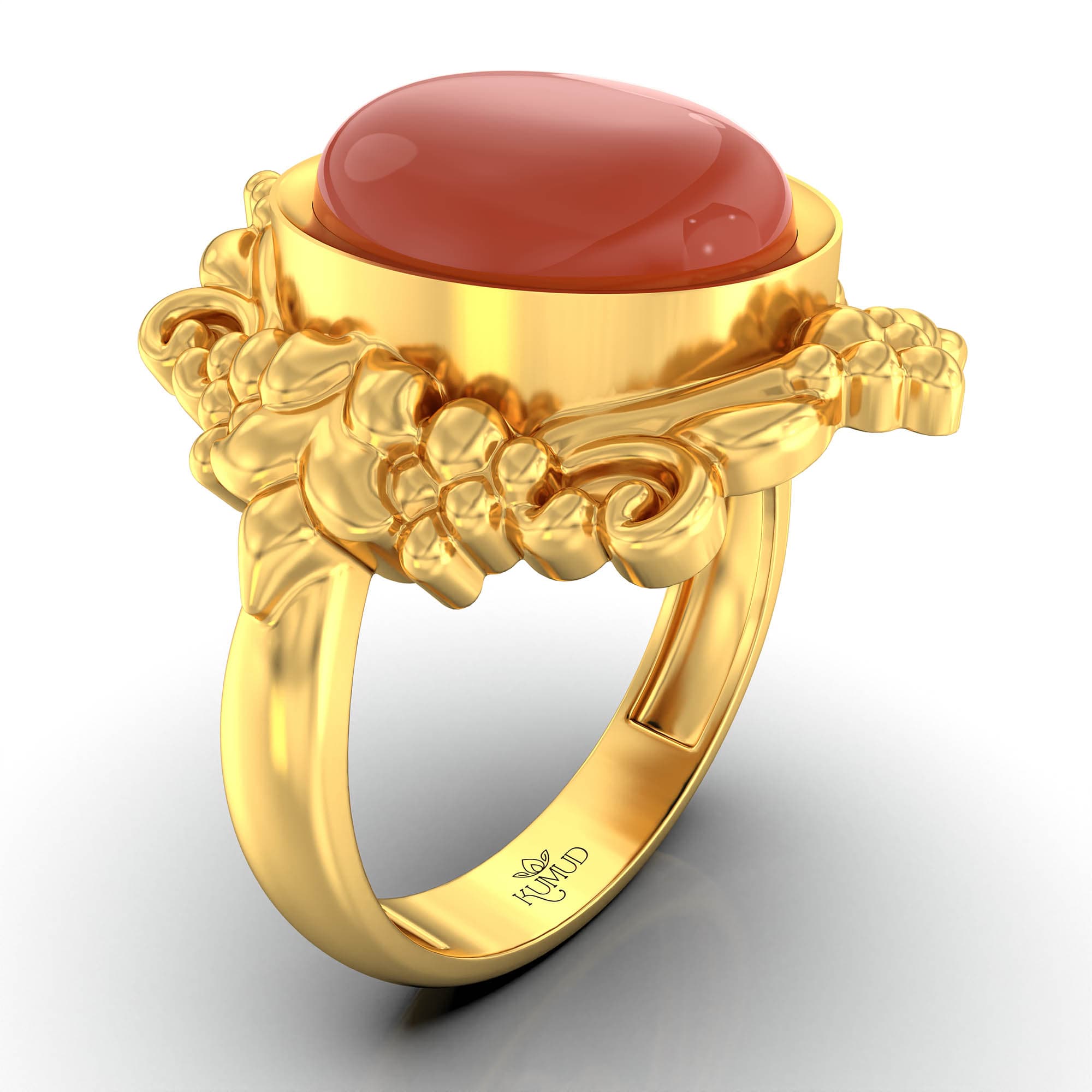 Red Coral (Moonga) Antique Ring for Women in 22K Yellow Gold – Oval Cabochon 11x9 mm, Bezel Setting, 6 g (Design KA-20)