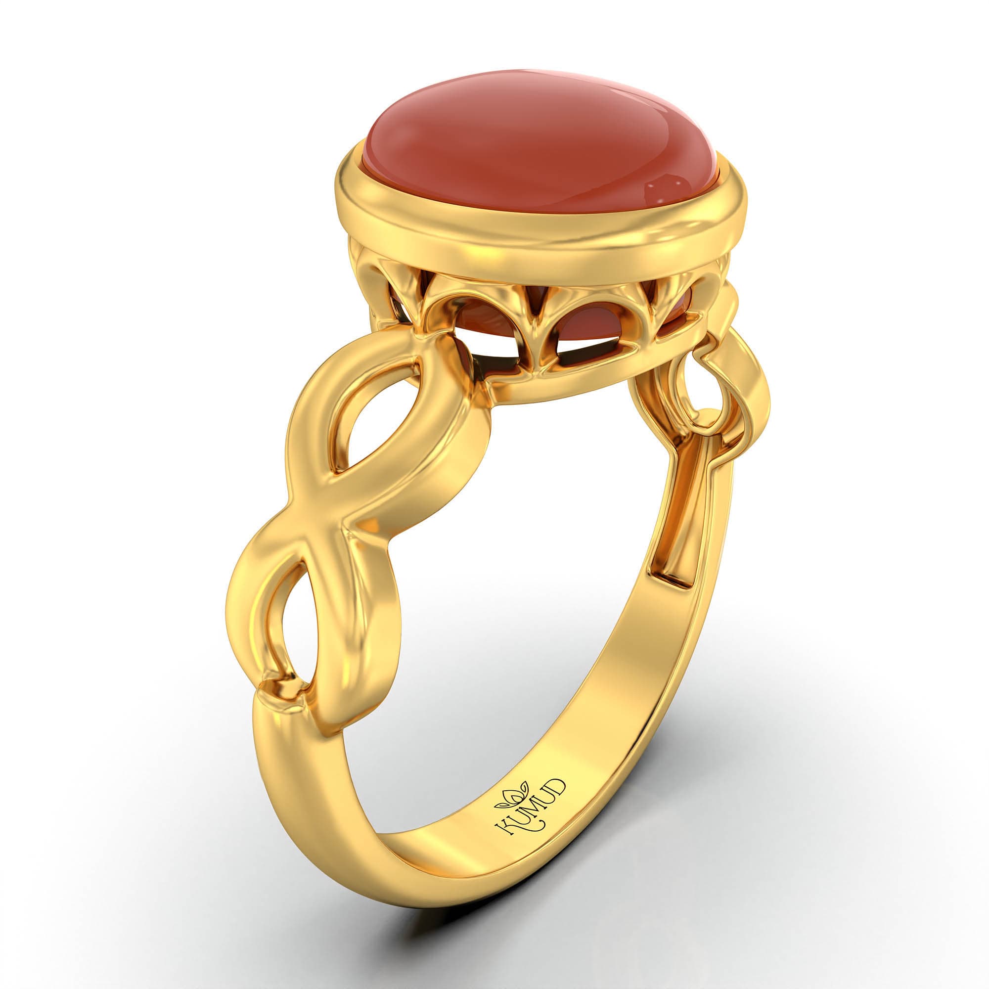 Red Coral (Moonga) Ring for Women in 22K Yellow Gold – Oval Cabochon 9x8 mm, Bezel Setting, 3 g (Design KF-1)