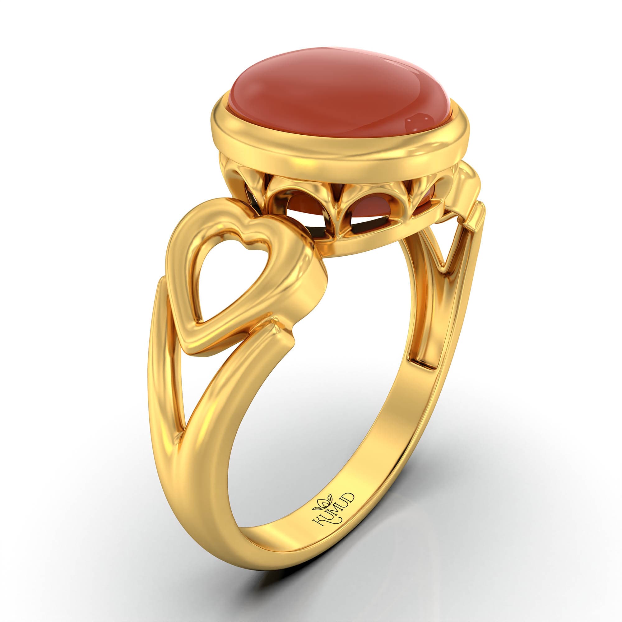 Red Coral (Moonga) Ring for Women in 22K Yellow Gold – Oval Cabochon 9x8 mm, Bezel Setting, 3 g (Design KF-2)