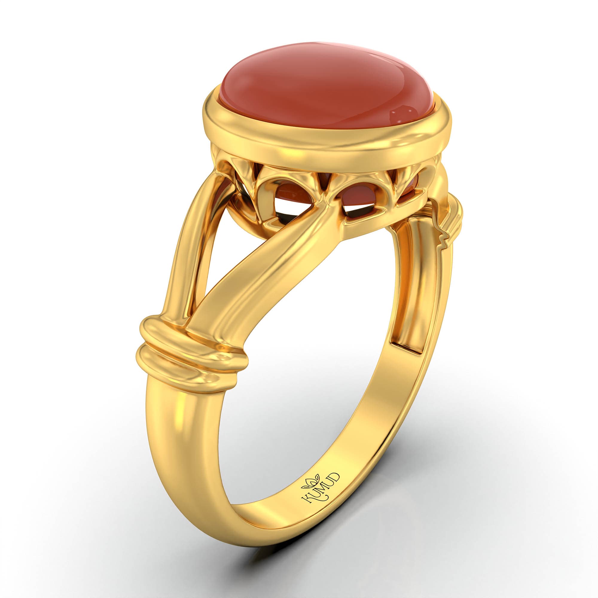 Red Coral (Moonga) Ring for Women in 22K Yellow Gold – Oval Cabochon 9x8 mm, Bezel Setting, 3 g (Design KF-4)