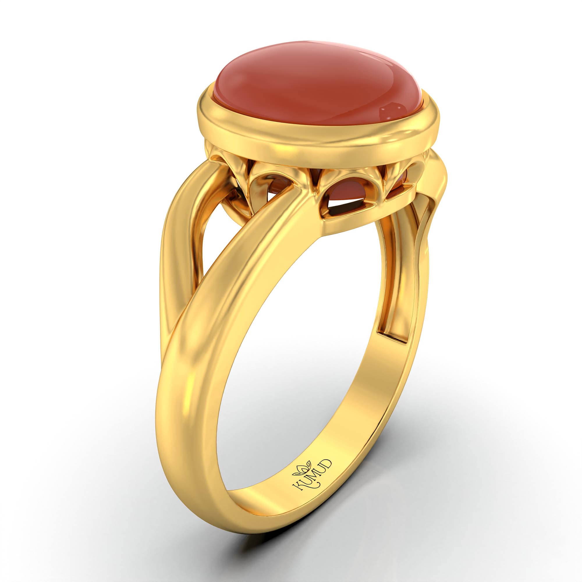 Red Coral (Moonga) Ring for Women in 22K Yellow Gold – Oval Cabochon 9x8 mm, Bezel Setting, 3 g (Design KF-6)