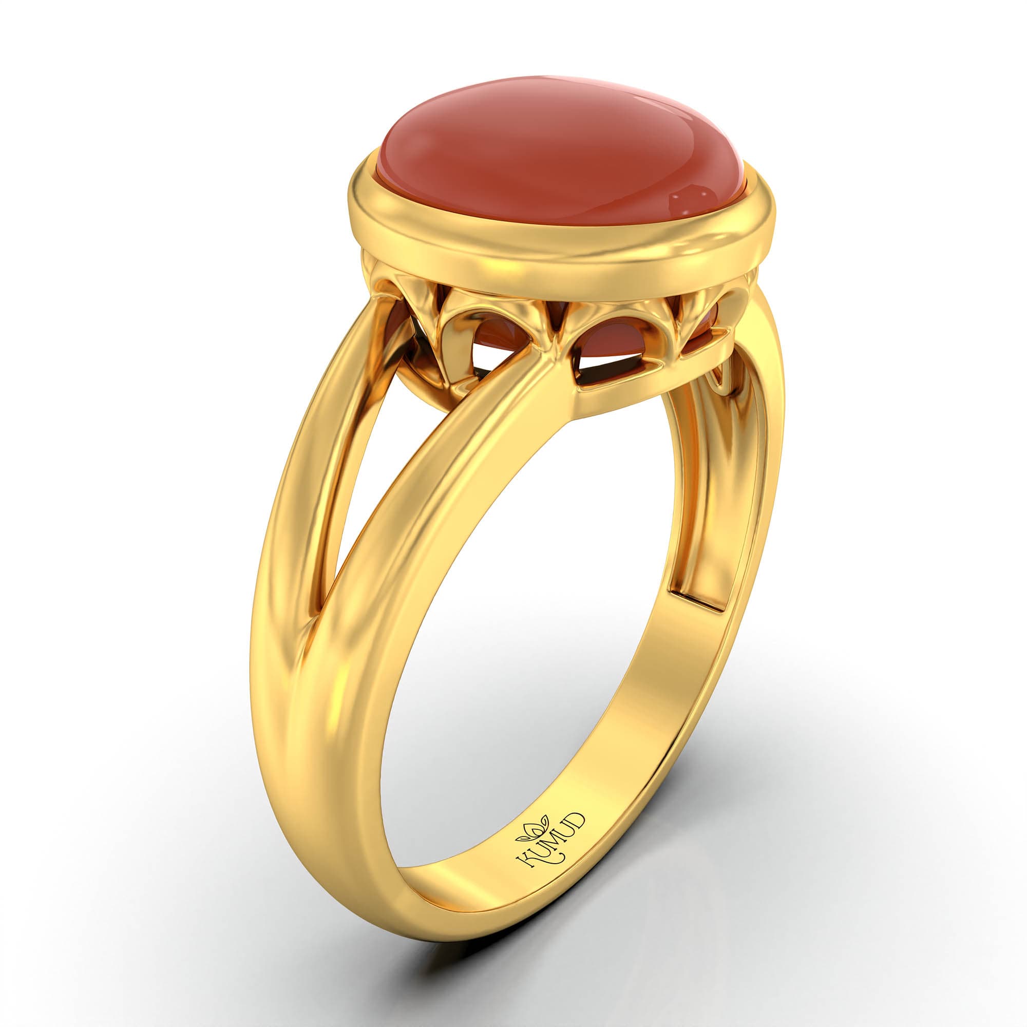 Red Coral (Moonga) Ring for Women in 22K Yellow Gold – Oval Cabochon 9x8 mm, Bezel Setting, 3 g (Design KF-7)