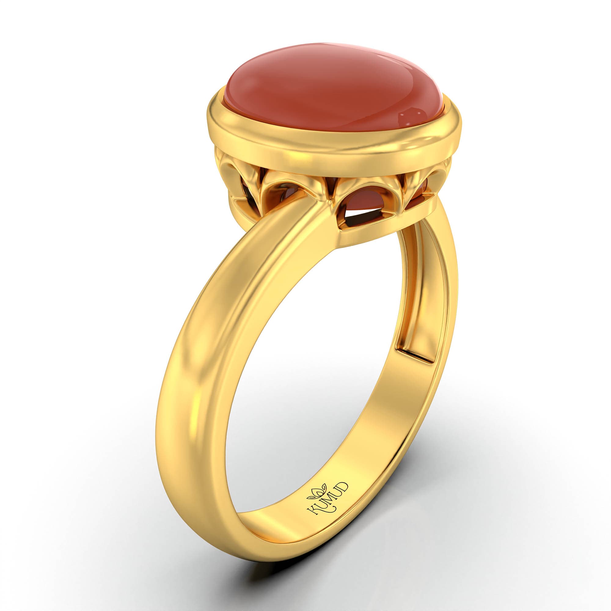 Red Coral (Moonga) Ring for Women in 22K Yellow Gold – Oval Cabochon 9x8 mm, Bezel Setting, 3 g (Design KF-8)