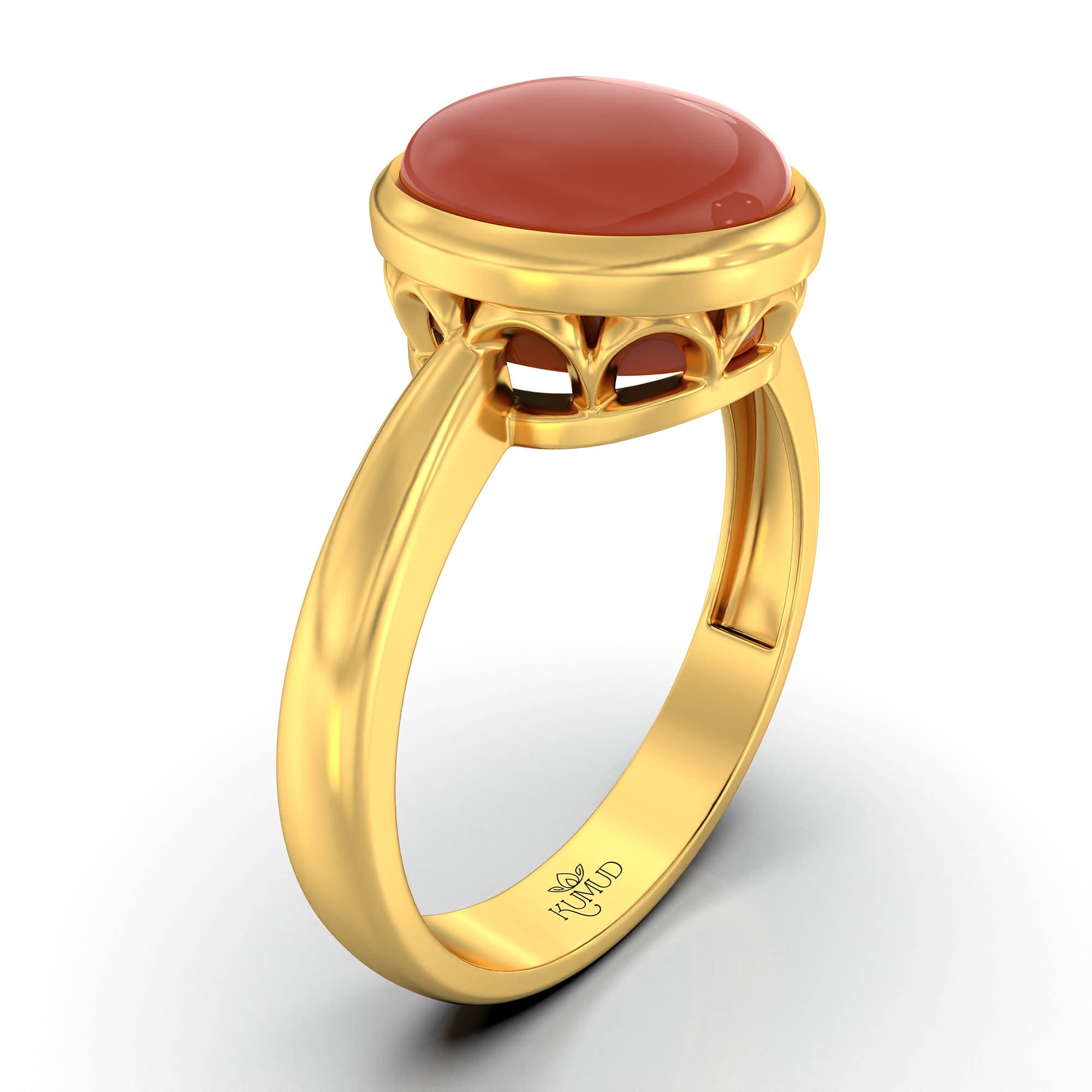 Red Coral (Moonga) Ring for Women in 22K Yellow Gold – Oval Cabochon 9x8 mm, Bezel Setting, 3 g (Design KF-9)