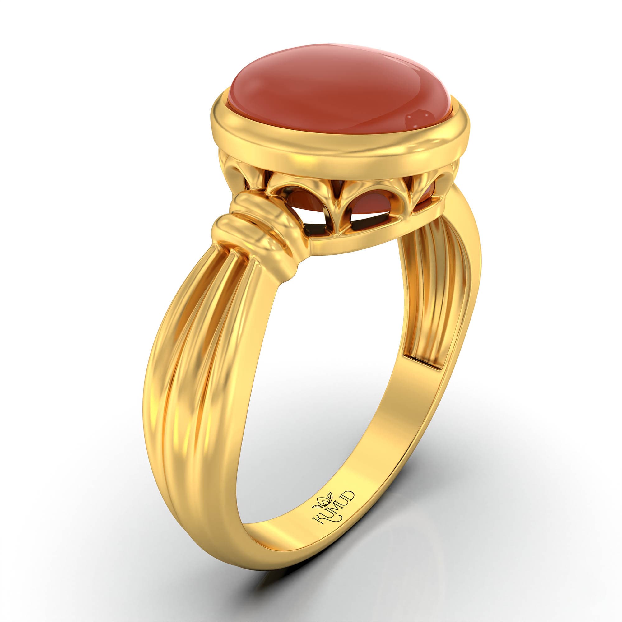 Red Coral (Moonga) Ring for Women in 22K Yellow Gold – Oval Cabochon 9x8 mm, Bezel Setting, 3 g (Design KF-10)